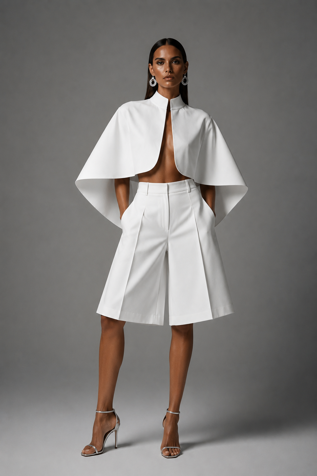 Set Ade — Conjunto oversize de dos piezas: capa estructurada de cuello alto, frente abierto y mangas angulares de ala ancha, más bermudas plisadas de sastrería.