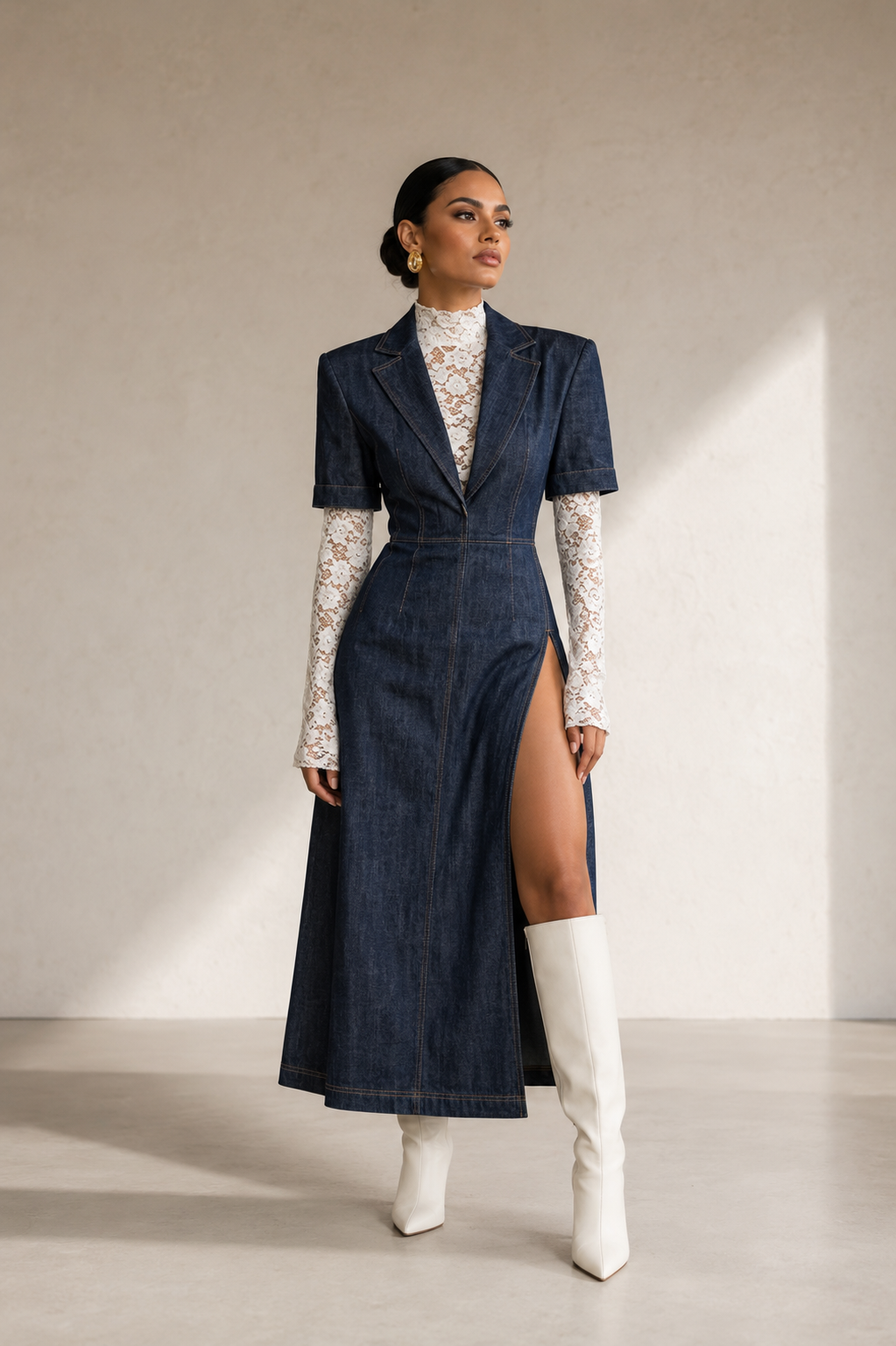Vestido Celaje — Vestido estructurado en denim, hombreras precisas, top de mangas largas de encaje blanco, doble cierre trasero, abertura en pierna derecha.