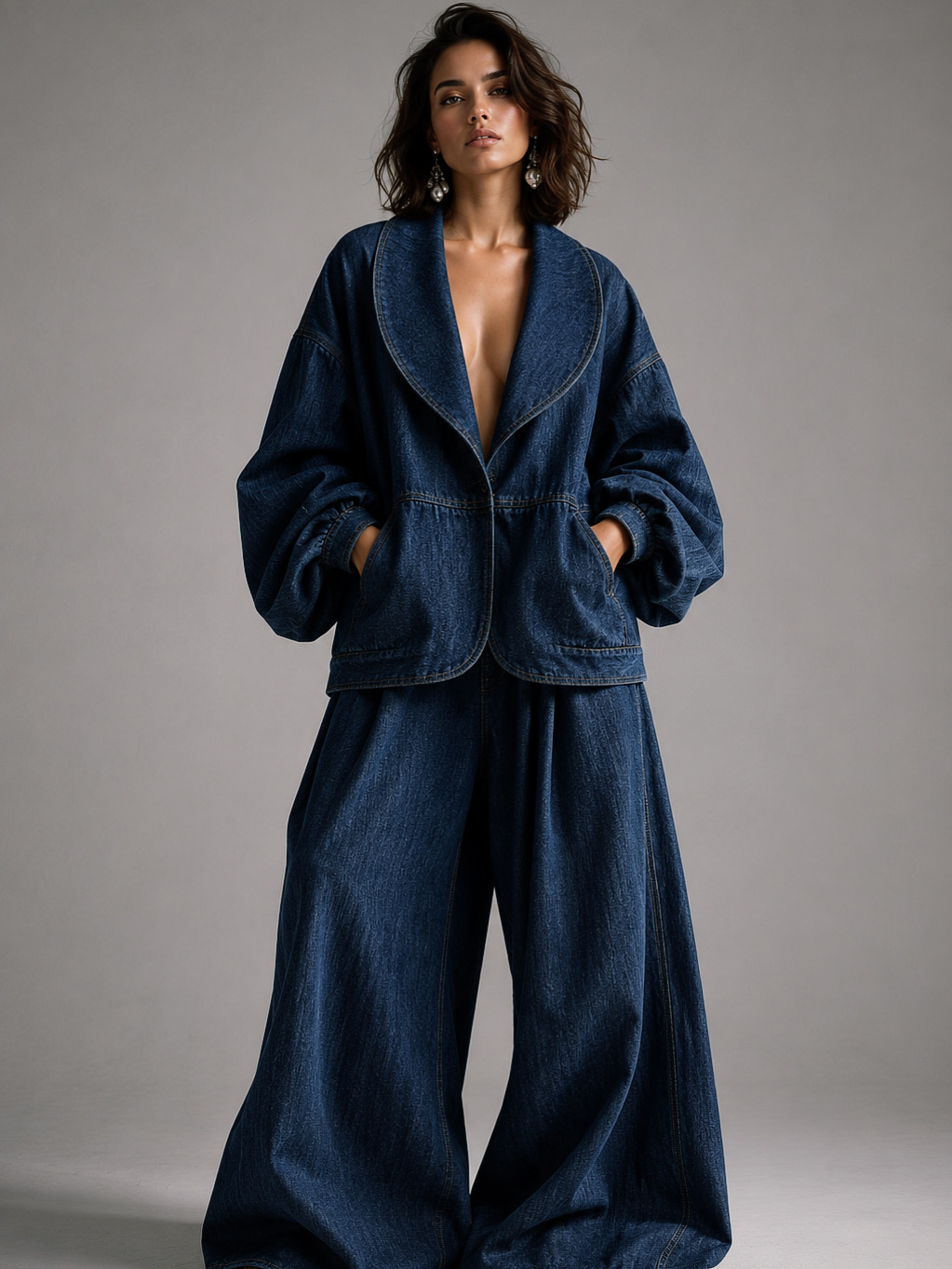 Set Sotavento — Conjunto de dos piezas en mezclilla de alta densidad: chaqueta estructurada de hombros caídos, solapa circular y mangas de volumen controlado; pantalón amplio de caída fluida.