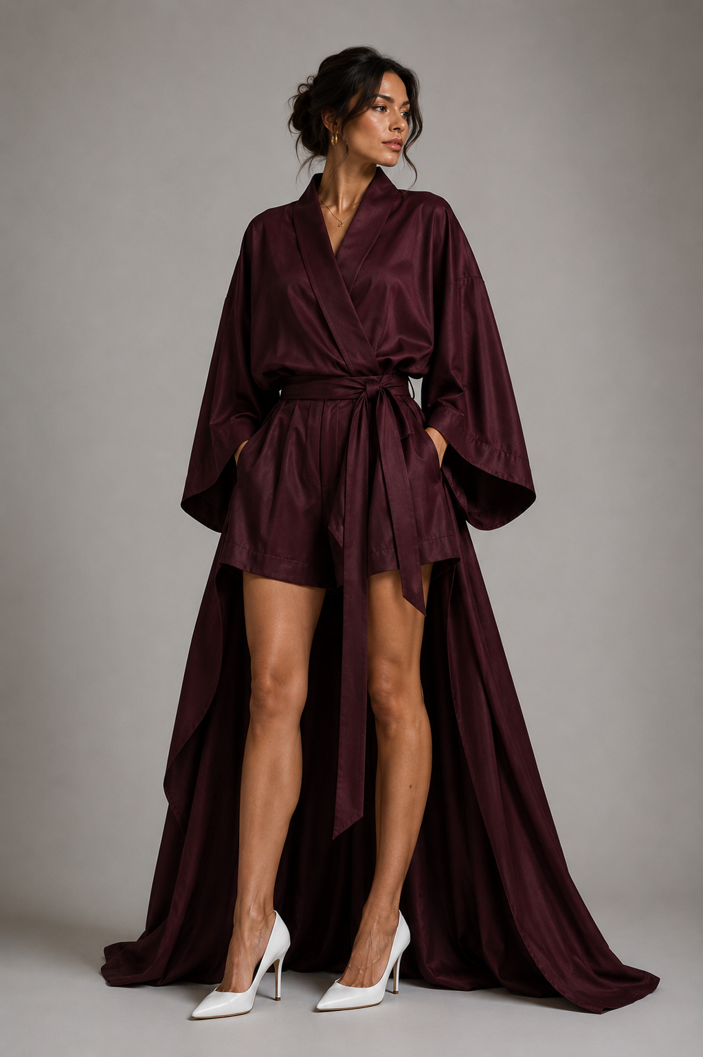 Set Vórtice — Conjunto de tres piezas: cuerpo fluido de mangas amplias estilo kimono, short integrado y sobrefalda con cauda que se ajusta con lazo envolvente.
