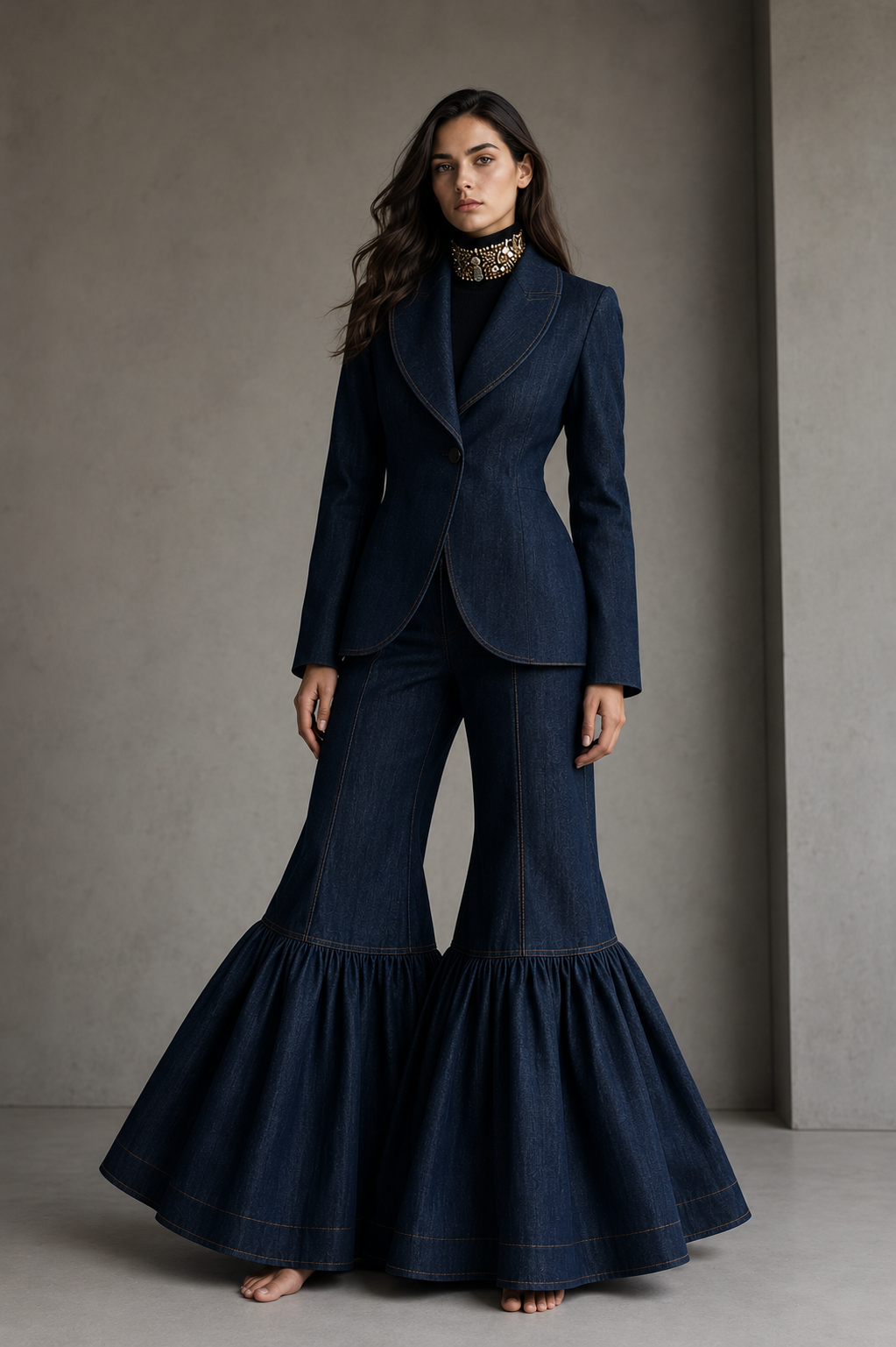 Set Ifé — Sastrería de autor en denim: blazer entallado de solapas redondas y pantalón oversize.