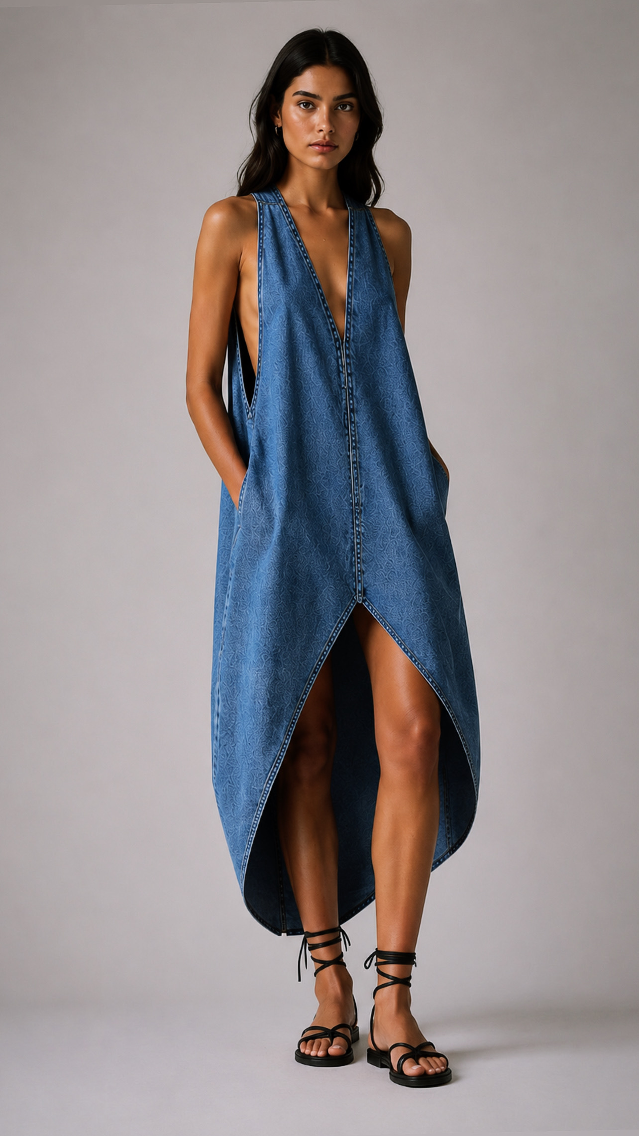 Vestido Omi — Vestido asimétrico en denim azul claro, sisas amplias y profundas en V, escote profundo en V, dobladillo asimétrico de corte curvo que se abre al caminar.