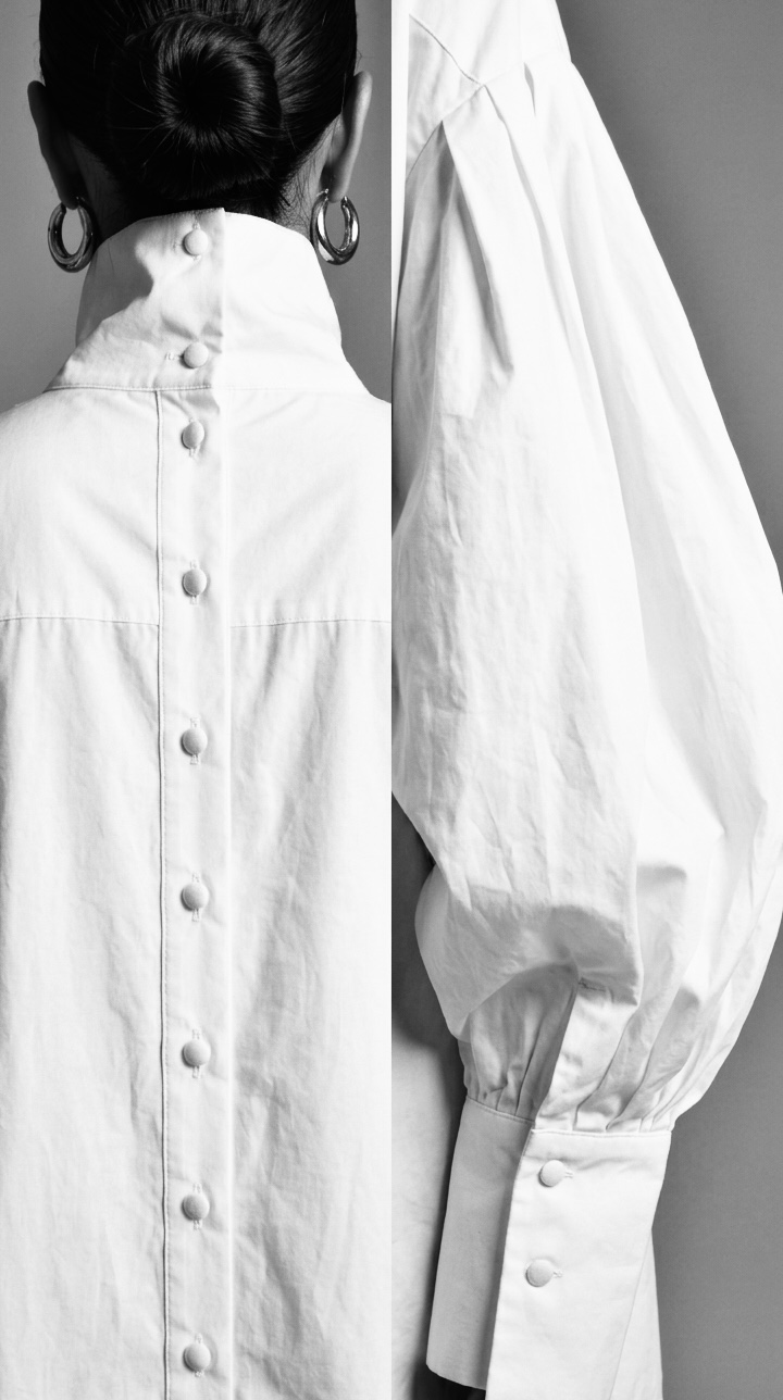 Vestido-Camisón Orí — Vestido corto de volumen monumental, cuello alto estructurado, mangas abullonadas desproporcionadas; la confección permite varias formas de llevarlo. (vista 3)